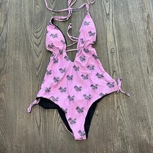 NWOT Jacque Designs One-Piece Bathing Suit Palm Tree Print High Cut Pink Size XL